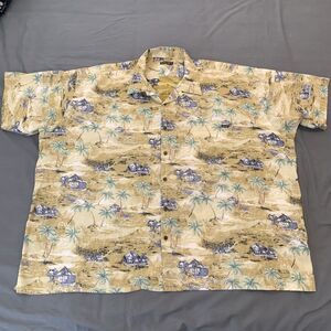 Eddie D Boardsports Shirt Mens 5XL Beige Hawaiian Palm Tree Hut Print Button Up‎